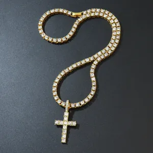 Hip-Hop Iced Out Kreuzanhänger Halskette Gold mit funkelnder 4mm Strass Tennis-Kette