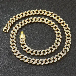 Luxus Hip Hop Iced Out Cuban Link Halskette Für Damen Herren Voll Strass Legierung Gold Silber Plattiert Schmuck