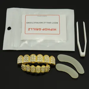 Complete 18K gold plated iced out hip hop grills set with molding bars and tweezers
