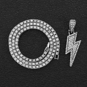 Iced Out Blitz-Anhänger mit 3mm Silber Tennis-Halskette für Hip-Hop-Style und Streetwear