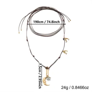 Full layout of brown cord necklace with moon pendant showing length and weight details