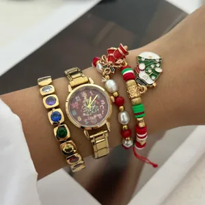 Set Gioielli Orologio Braccialetto Tema Natalizio Donna Cartone Animato Pupazzo Di Neve Albero Pendente Strass Perla Artificiale Orologio Al Quarzo Accessori Regalo