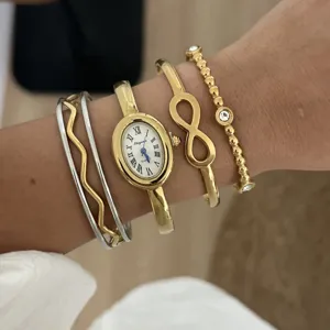 Damen 304 Edelstahl Ovales Zifferblatt Armreif Uhr Und Unendlichkeit Armreif Schmuck Gold Silber Strass Retro Ins Stil Quarz Uhr