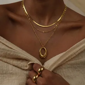 Minimalist Gold Stainless Steel Snake Chain Necklace For Women Geometric Oval Pendant Multi Layered Clavicle Chain Jewelry