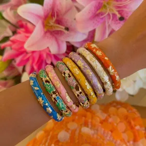 Vintage Gilded Floral Bangle Bracelet For Women Rhinestone Enamel Ethnic Hollow Out Spring Cuff Bangle Alloy Jewelry