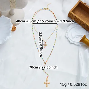 Mesures détaillées du collier en Y double couche avec croix et strass multicolores.