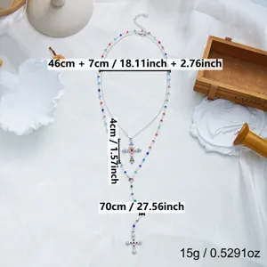 Dimensions détaillées du collier double couche en Y avec croix et strass colorés