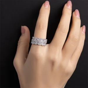 Detailed view of an Italian style luxury micro-pave zircon full diamond ring in silver