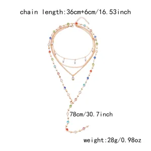 Detail view of multi-layered gold necklace with colorful stones and size specifications