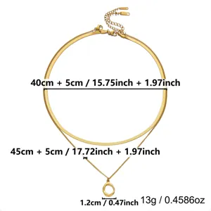 Close-up of gold double-layer snake chain necklace with oval pendant measurements