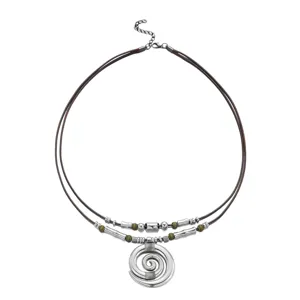 Detail of Western style necklace with hollow spiral pendant and brown suede cord