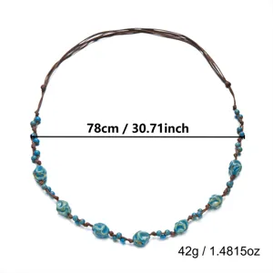 Size and weight specifications of this bohemian blue ceramic bead necklace with brown cord