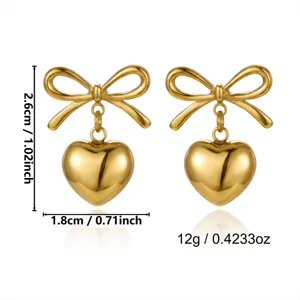 Detailed dimension diagram for golden bow and heart pendant stainless steel earrings