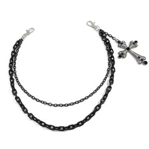 Gothische doppelreihige schwarze Hosenkette mit verziertem Kreuzanhänger und Strass