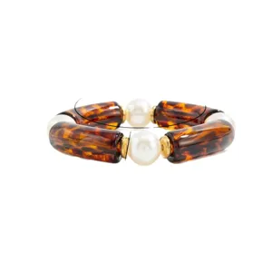 Bracciale retrò in acrilico tartarugato con perle bianche e dettagli dorati lucidi
