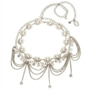 Vintage silver bohemian multilayer tassel waist chain with coin charms and sun pattern