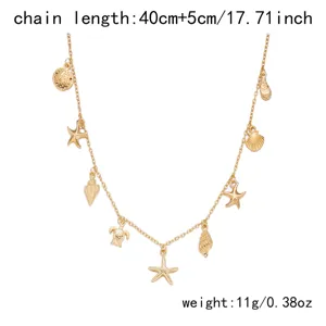 Gold starfish and seashell pendant necklace with chain length and weight specifications