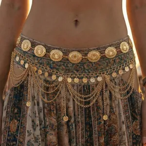 Detailed view of bohemian multi-layer gold coin tassel waist chain for belly dance