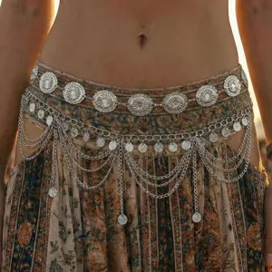 Vintage Bohemian silver waist chain featuring multi-layer tassels and coin charms
