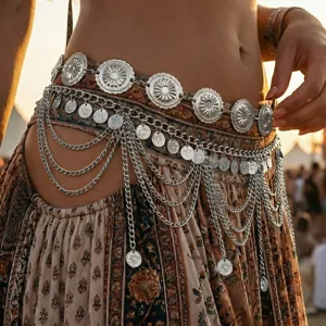 Detailed close-up view of a bohemian layered waist chain featuring silver sun coin charms