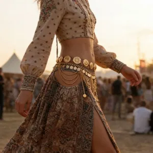 Vintage bohemian gold coin waist chain with multi-layer tassels for festival styling
