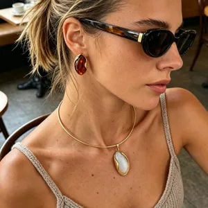 Vintage Stainless Steel Irregular Wave Gold Plated Artificial Amber Pendant Torque Necklace Earrings Set Women Fashion Jewelry