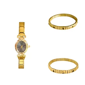Elegant gold oval dial watch paired with heart charm stretch bracelets jewelry set