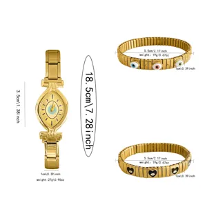 Gold-toned evil eye dial watch and matching elastic bracelets set with size and weight details