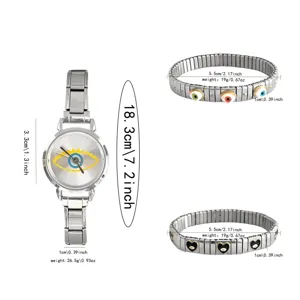 Detail view showing dimensions and weight for evil eye watch and elastic heart bracelets.