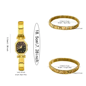 Detailed size and weight specs for gold-toned octagonal watch and stretch bracelets set