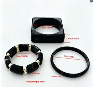Black marbled acrylic bracelet set including square bangle and stretch bead design
