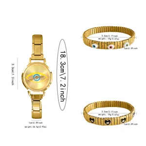 Technical specifications and dimensions for gold evil eye watch and elastic bracelets set.