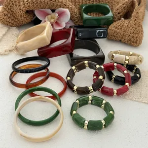 Vintage marbled acrylic bangle set and elastic bracelets in assorted retro colors