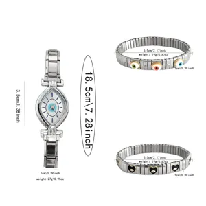Evil eye dial watch and silver elastic bracelets with product dimensions and weight details