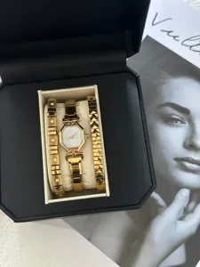 Luxury gold watch and bracelet set in black octagonal gift box for women