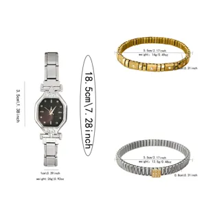 Detailed dimensions of silver octagonal black dial watch and rhinestone elastic bracelets set