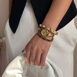 Vintage gold stainless steel evil eye watch and heart charm elastic bracelets set