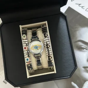Vintage silver steel evil eye watch set with heart charm bracelets in a luxury gift box