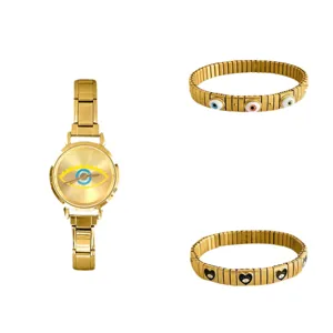 Vintage gold steel watch and stretch bracelets set featuring evil eye and heart motifs