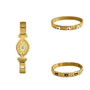 Elegant gold-toned evil eye quartz watch with matching elastic stretch bracelet set