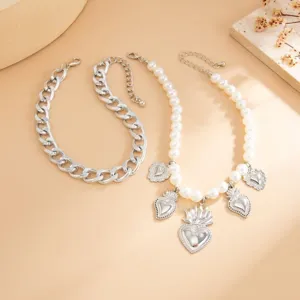 Ensemble de chaîne cubaine argentée et bracelet de cheville en perles