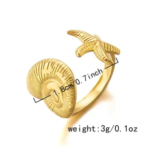 Detailansicht des vergoldeten Edelstahlrings mit Seestern und Muschel und Maßen