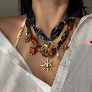 Collana con Pendente in Nastro di Raso Bohémien Acciaio Inossidabile Ceramica Sole Cuore Stile Dopamina Catena Artistica Donna