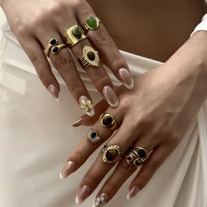 Anelli Aperti Regolabili in Oro Anticato Vintage per Donna Stile Bohémien con Intarsio di Pietra Naturale Turchese Malachite Occhio di Tigre Perla Artificiale Strass Anello Gioielli