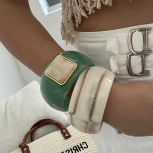 Vintage Acrylic Open Bangle Bracelet For Women Retro Marble Pattern Marbling Geometric Square Charm Resin Cuff Bracelet Chic Fashion Accessories