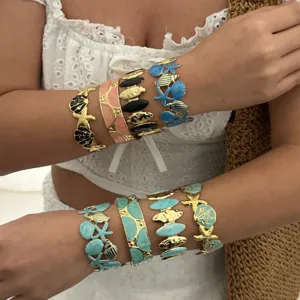Ozean-Stil Edelstahl Emaille Seestern Muschel Schildkröte Offener Armreif Verstellbar Urlaubs-Schmuck Armband Für Damen