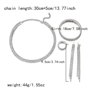 Dimensioni set gioielli strass argento: choker, bracciale, anello e orecchini