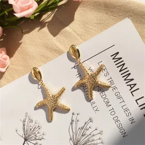 Detailansicht goldener Seestern- und Muschelohrringe auf minimalistischer Karte