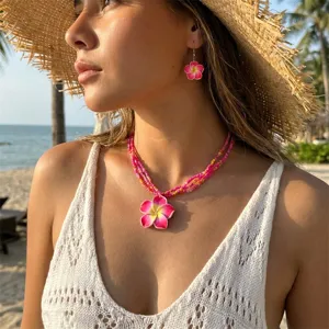 Böhmische Sommer Strand Frangipani Blume Saatperlen Halskette Ohrringe Set Für Damen Polymerton Strass Schmuckset