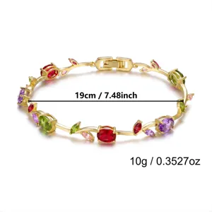 Detail view of gold-plated vine bracelet with multi-color crystals and 19cm length specs